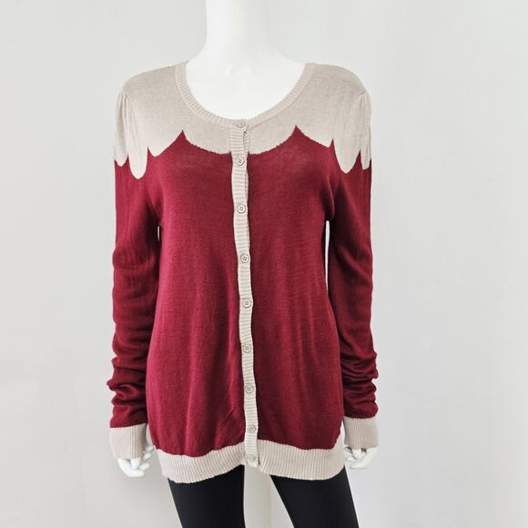 Modcloth Cardigan Sweater Size XL Paris Cafe Button Front Retro Scalloped Rust - Picture 1 of 10